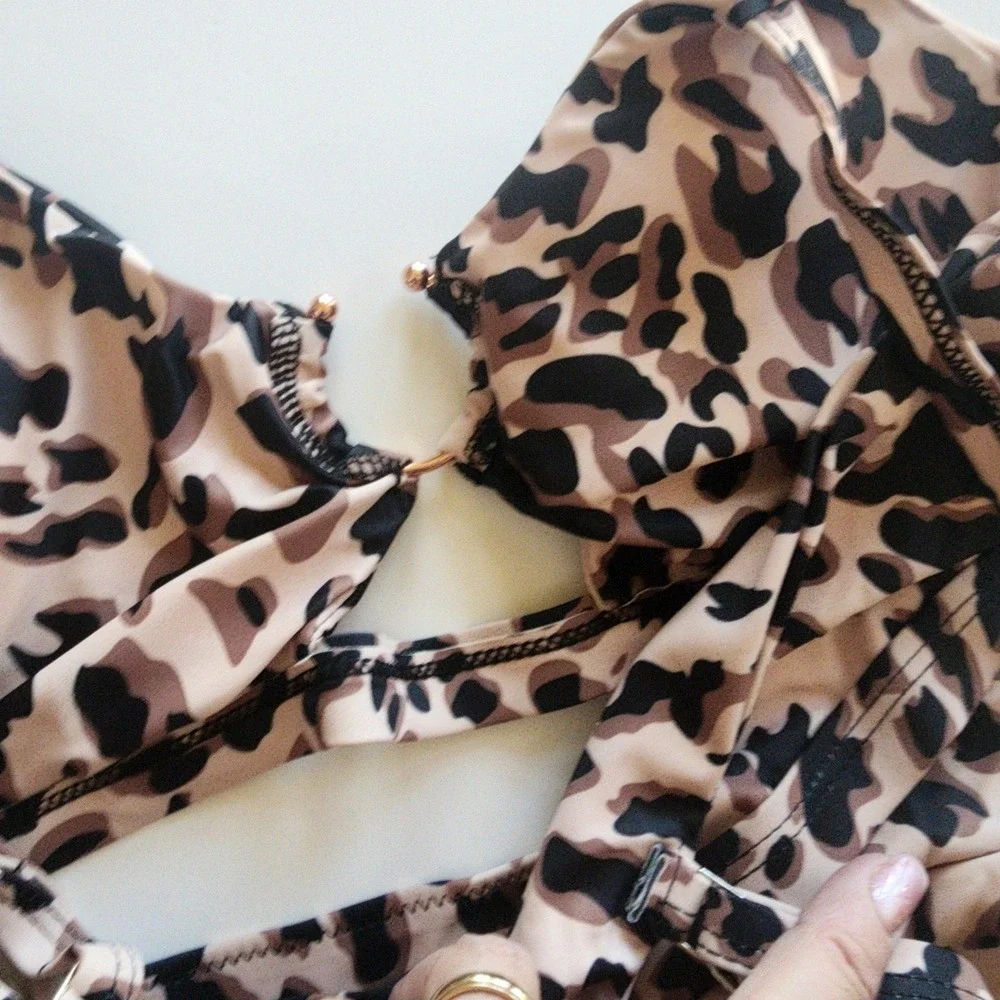 EJSOYO Leopard Print High Waisted‎ Bikini Set Tan Brown XL New With Tags